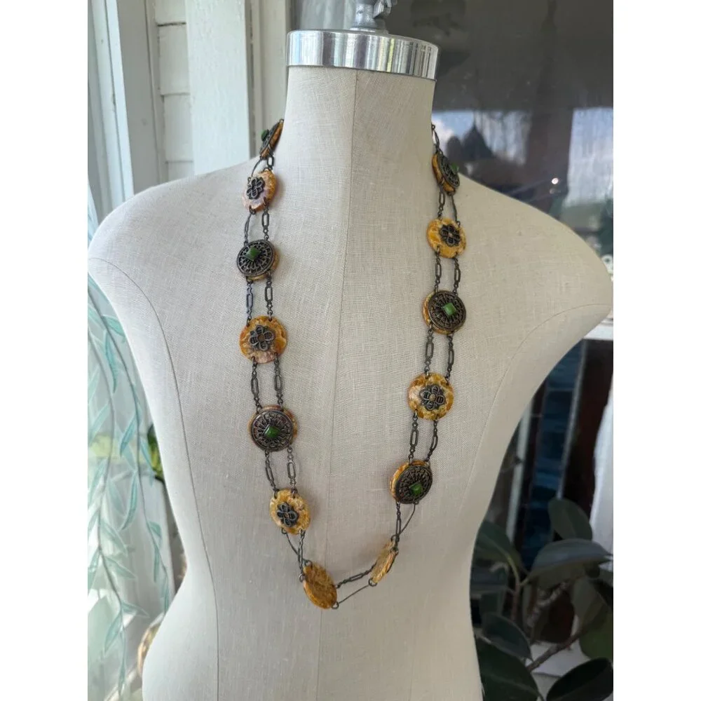 Antique 30's Celloid Circles Green Glass Silverplate women's Link Belt/Necklace - Picture 14 of 16